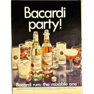 Bacardi Rum "the mixable one." "Bacardi Party!" Vintage Print Ad 1968